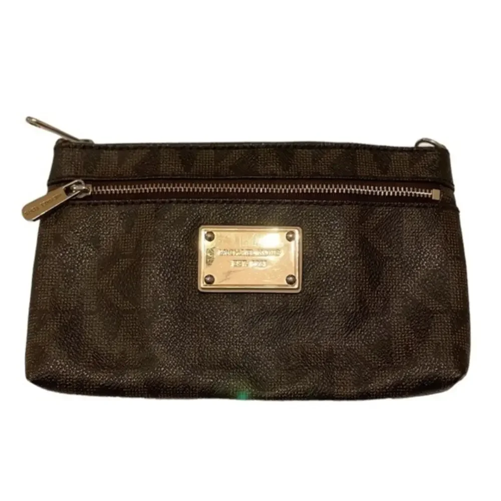 Michael Kors Brown Signature Monogram Wristlet Pouch Gold Hardware Wallet Clutch